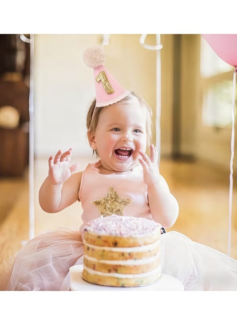 Pink First Birthday Hat for Baby Girls - Pink 1st Cone Hat,Crown with Pom Topper,First Birthday Decorations,One Party Photo Props - Image 3